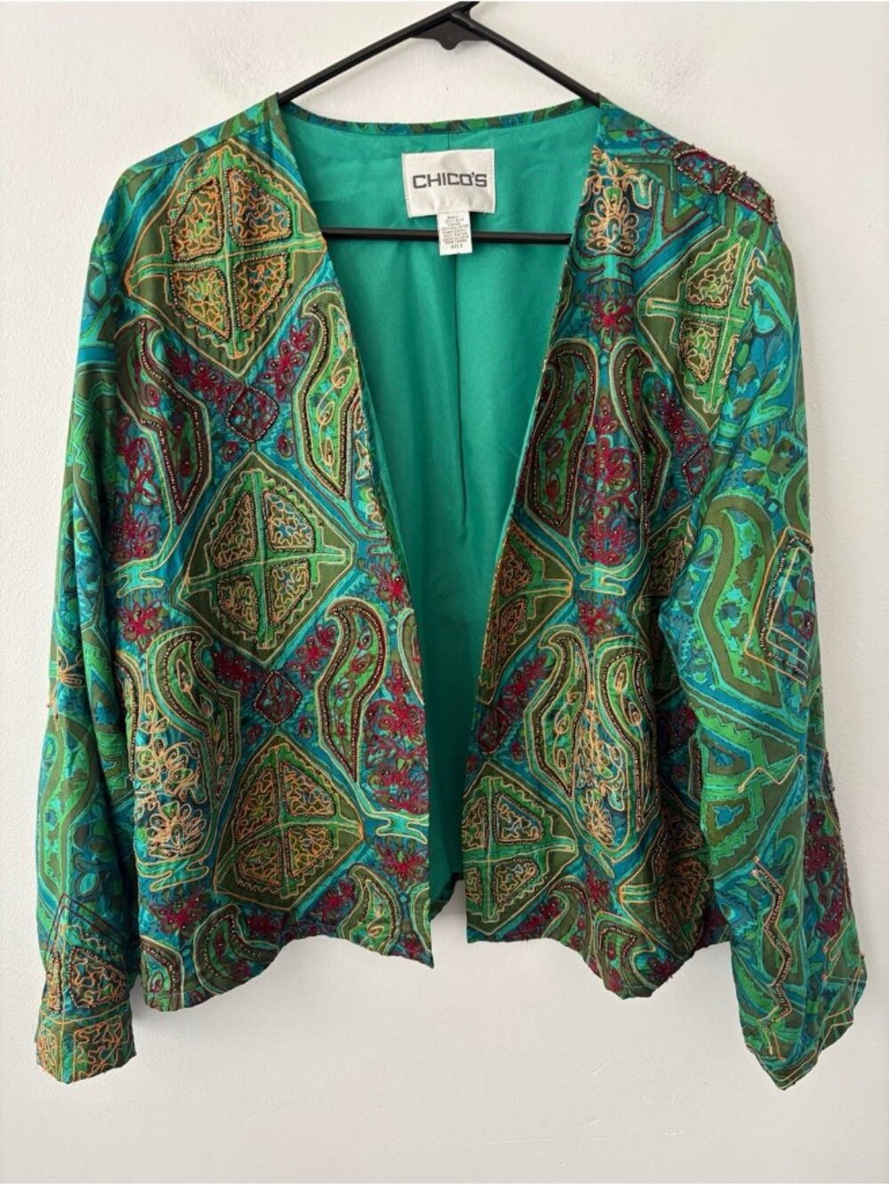 Chico’s Women’s Size 3 Green Paisley Beaded Embroidered Silk Lined Jacket XL 16